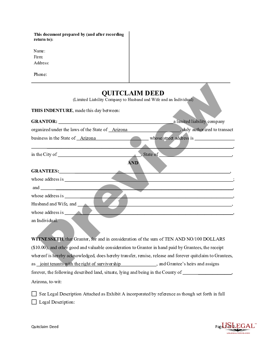 Gilbert Arizona Quitclaim Deed From Limited Liability Company To Husband Wife And An Individual 5308