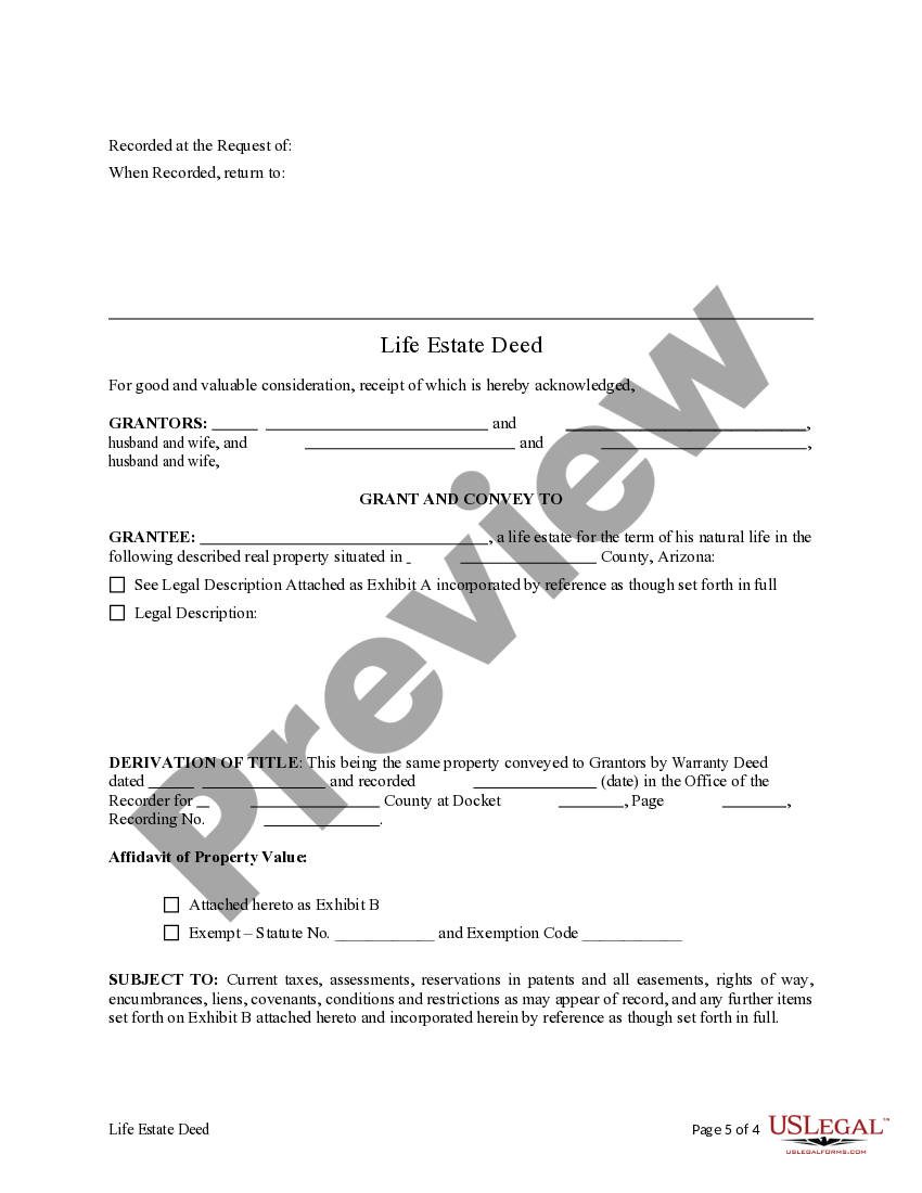 Arizona Life Estate Deed from Two married couples to an Individual