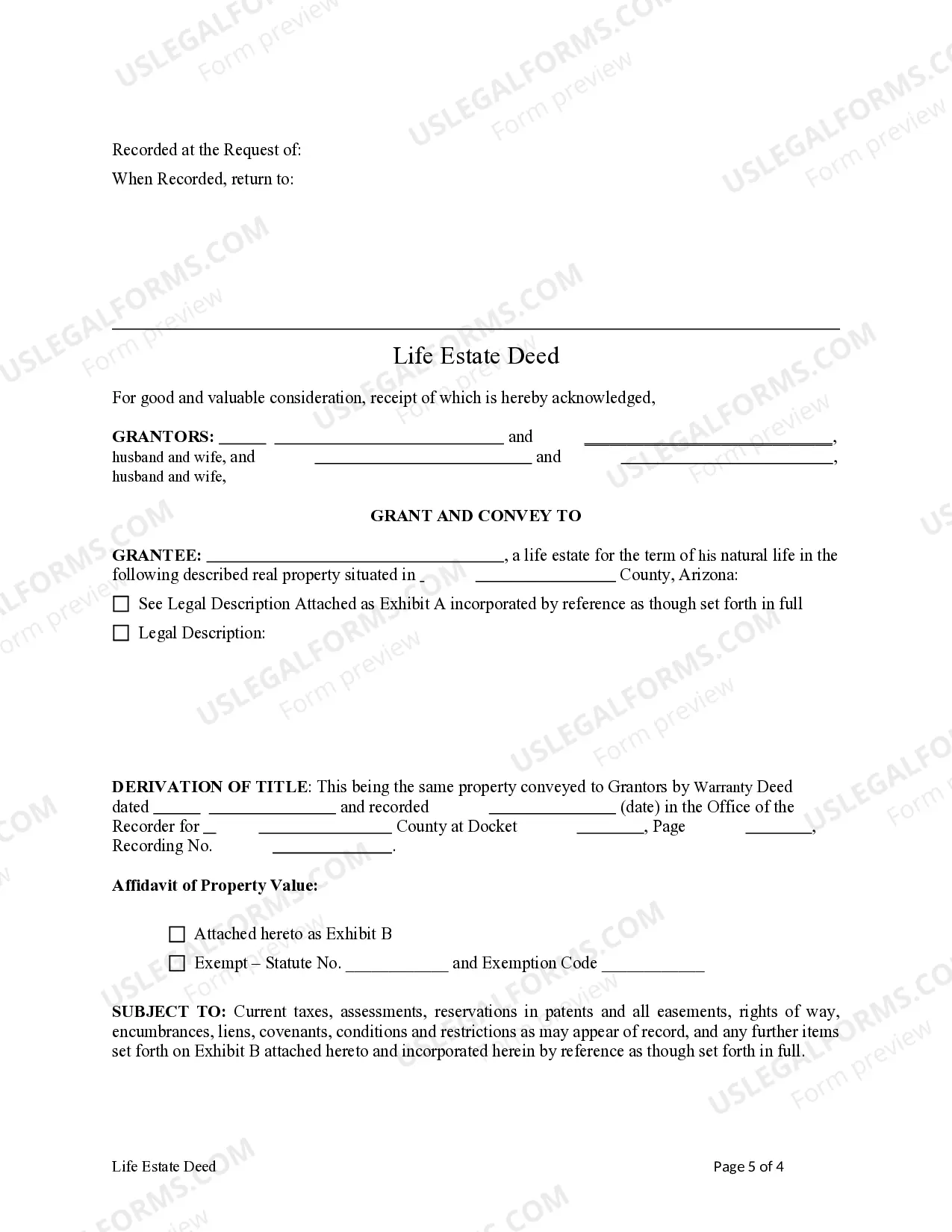 Preview Life Estate Deed from Two married couples to an Individual