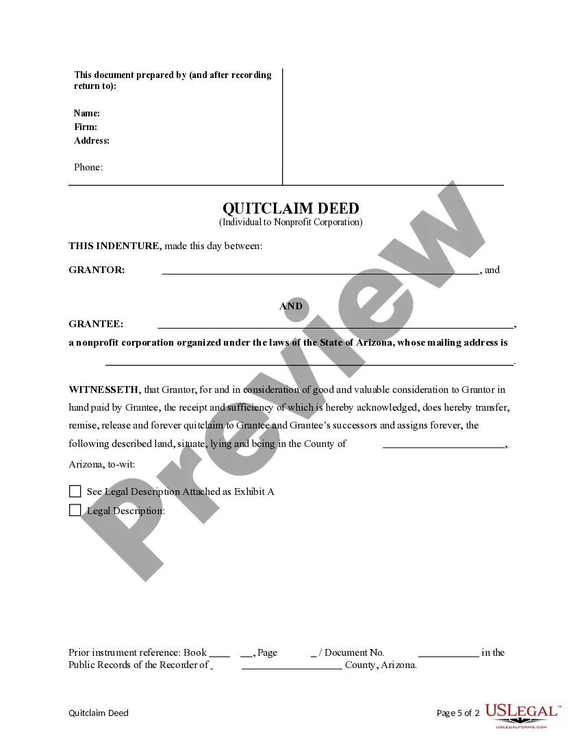 Preview Quitclaim Deed from an Individual to a Nonprofit Corporation