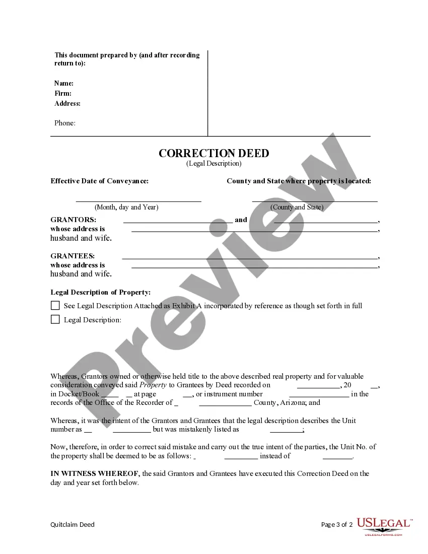 Preview Arizona Correction Deed - Correcting Legal Description