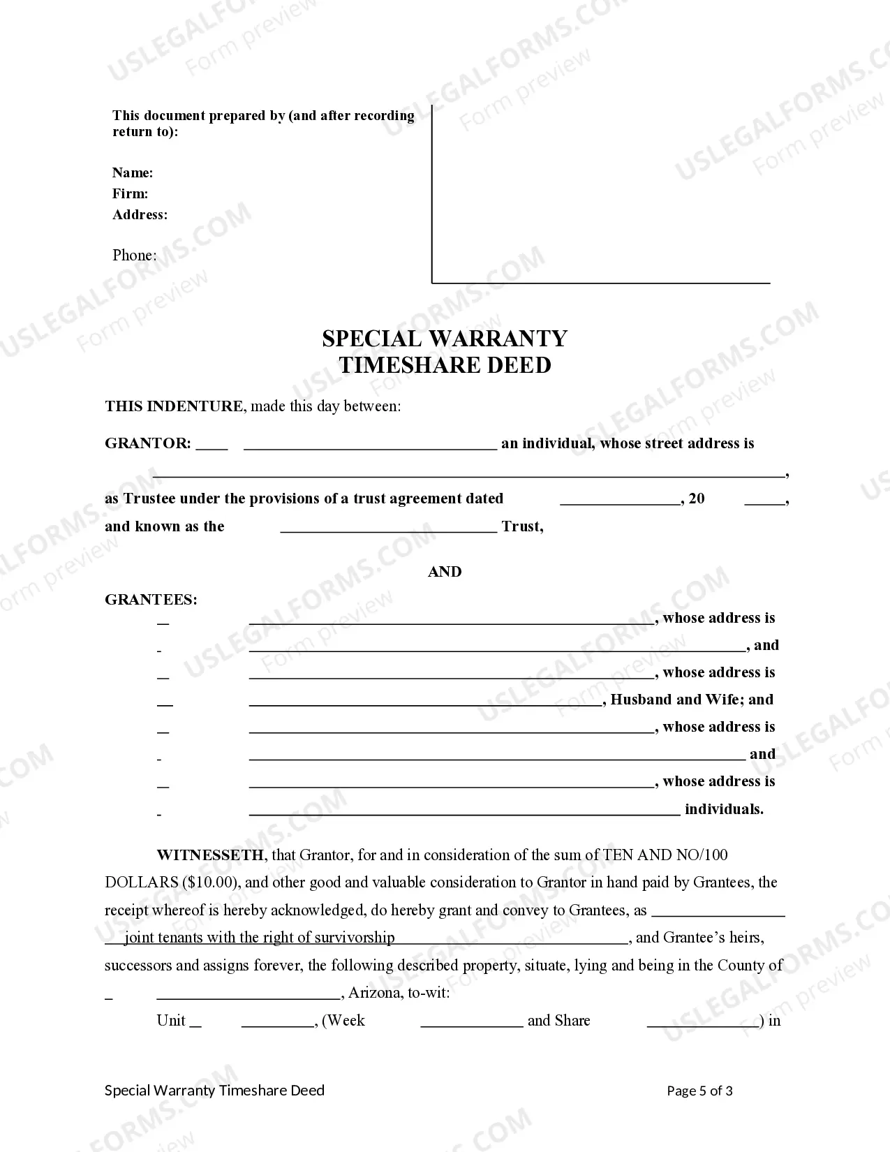 Preview Special Warranty Timeshare Deed from a Trust to a Husband and Wife and Two Individuals