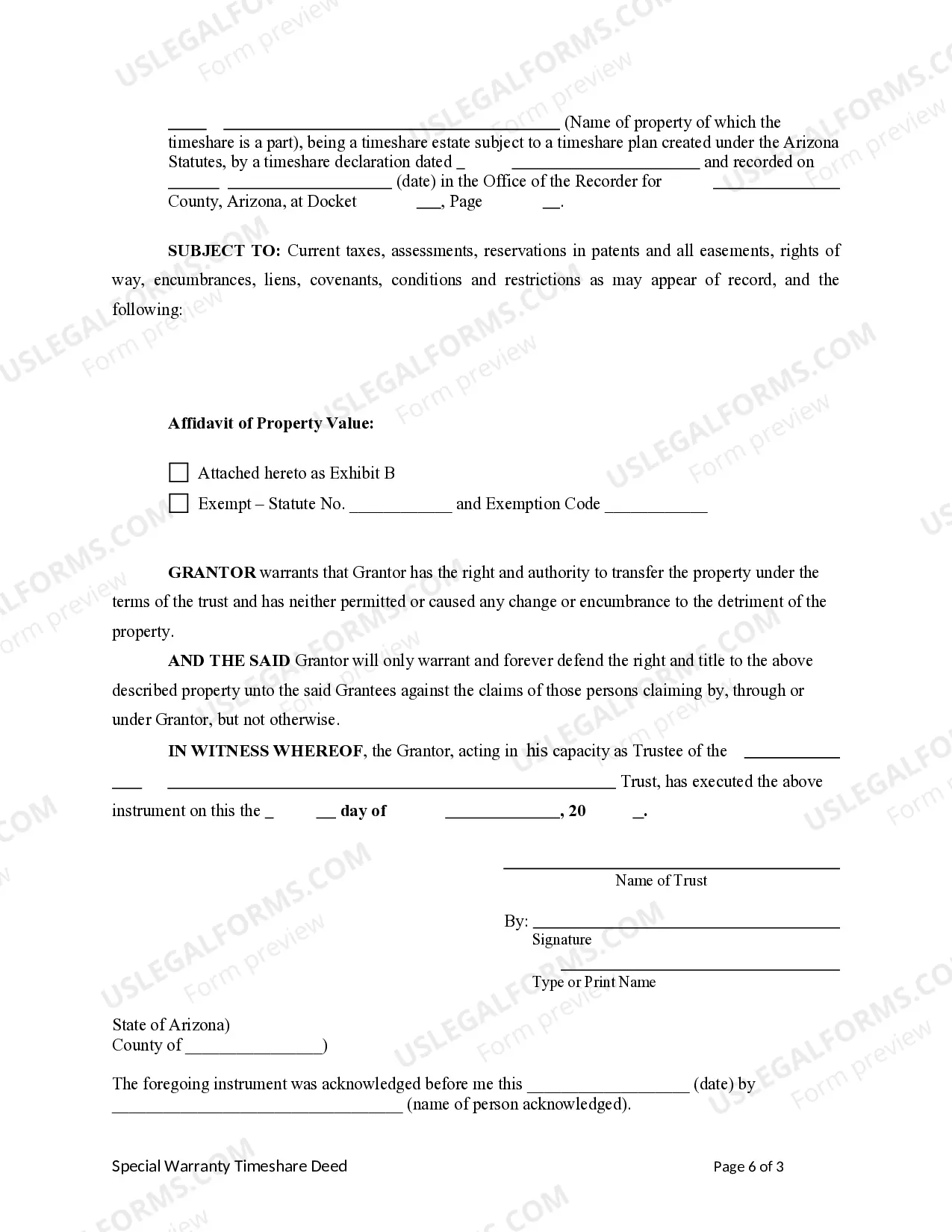 Preview Special Warranty Timeshare Deed from a Trust to a Husband and Wife and Two Individuals