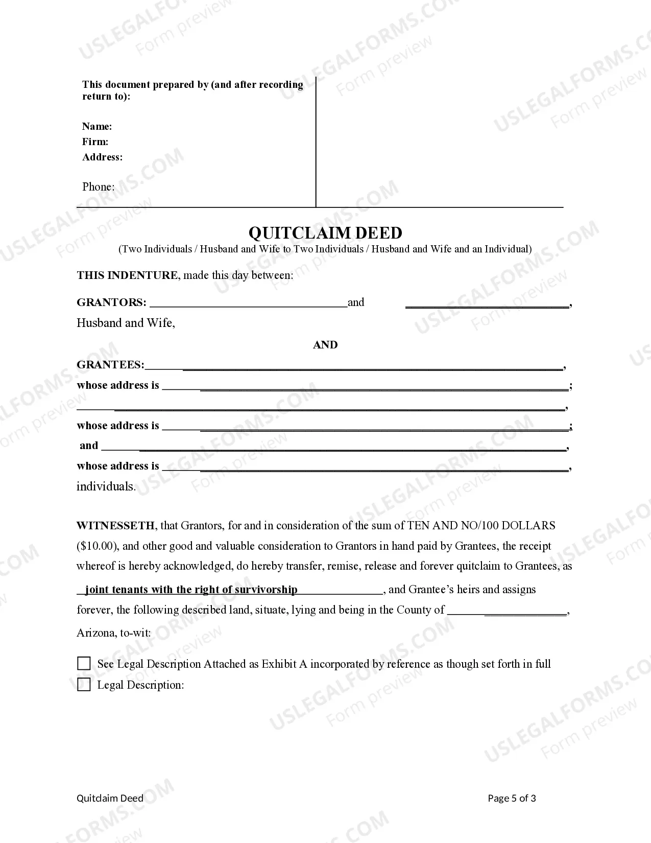 Preview Quitclaim Deed from Two Individuals / Husband and Wife to Two Individuals / Husband and wife and an Individual.