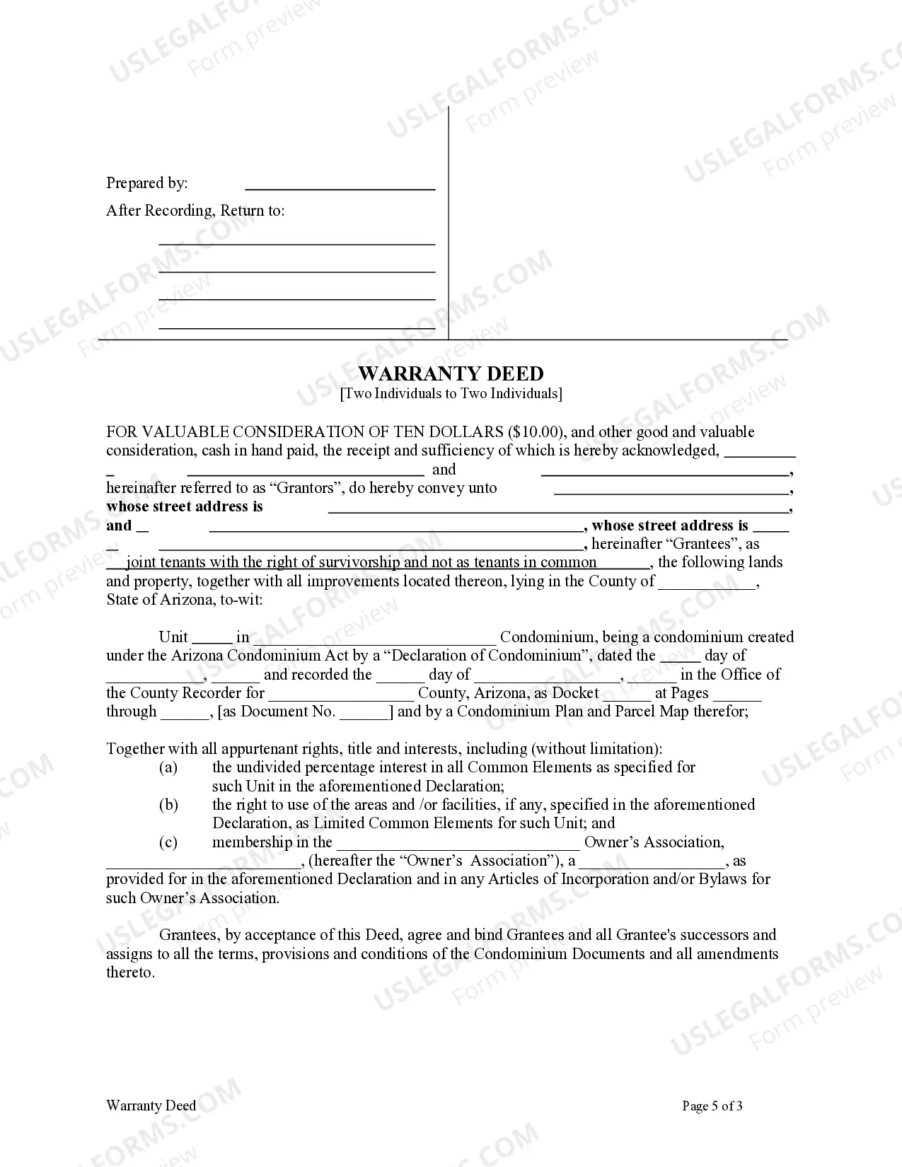 Preview Arizona Warranty Deed for a Condominium from Two Individuals to Two Individuals