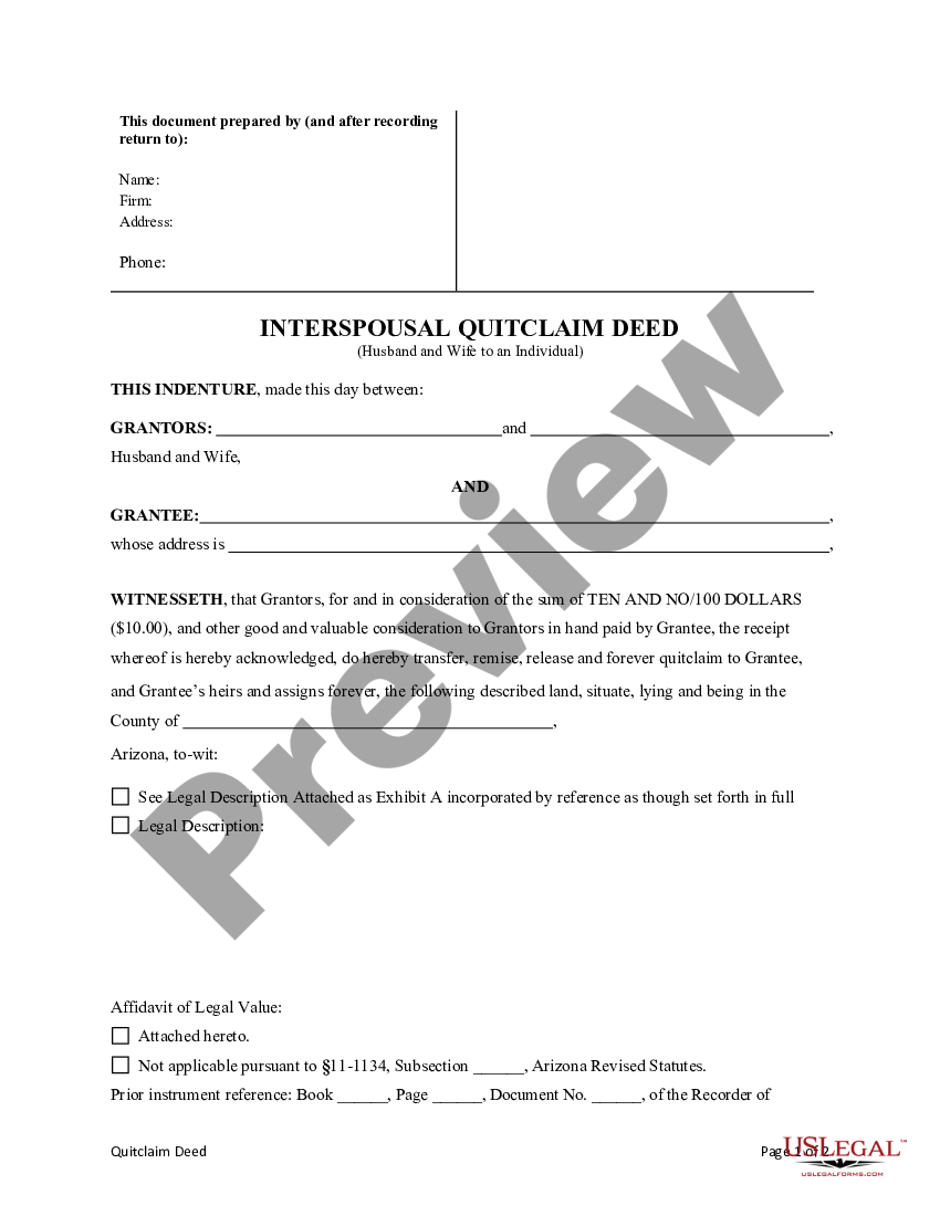 Arizona Quitclaim Deed From Husband And Wife To Either The Husband Or The Wife Quitclaim Deed 0298