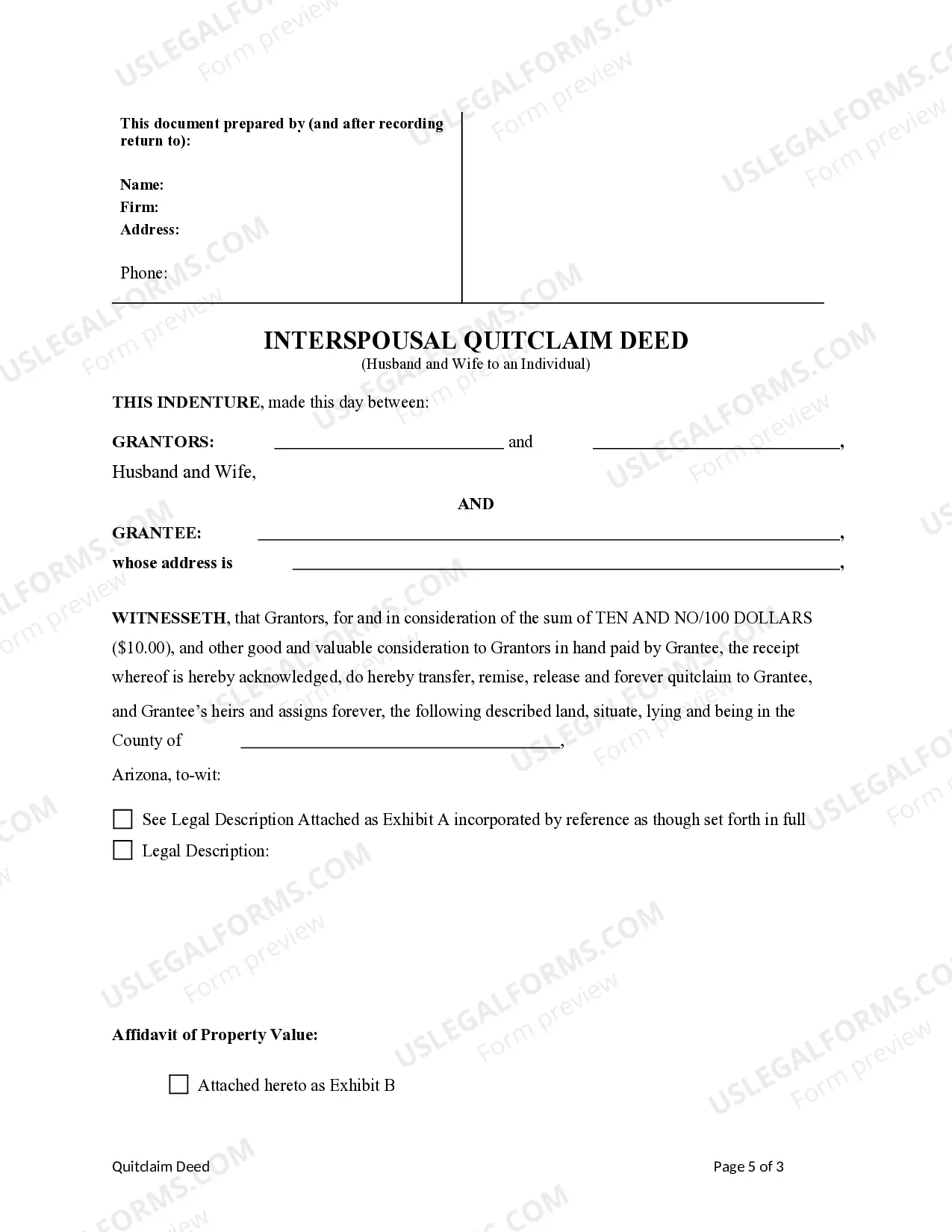 Preview Quitclaim Deed from Husband and Wife to Either the Husband or the Wife