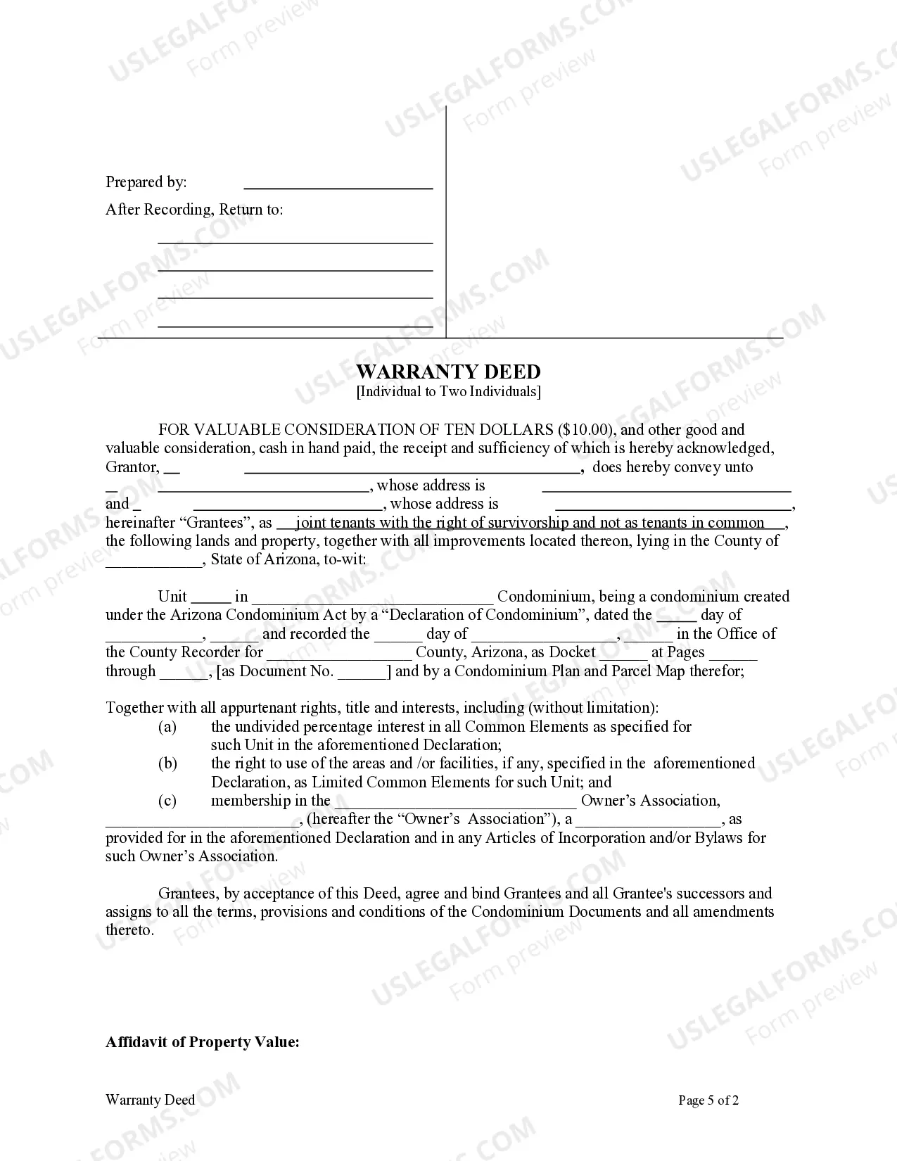 Preview Arizona Warranty Deed for a Condominium from an Individual to Two Individuals