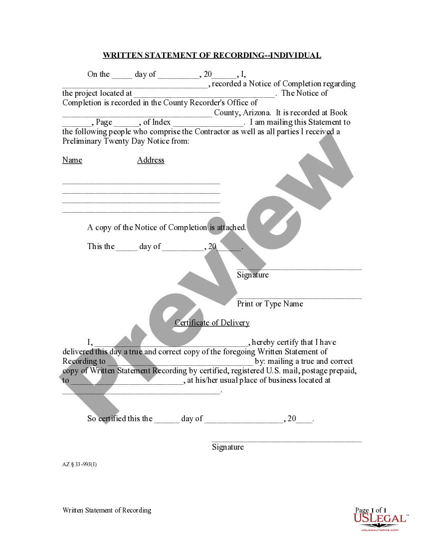 Arizona Written Statement of Recording Mechanic Liens Mechanic