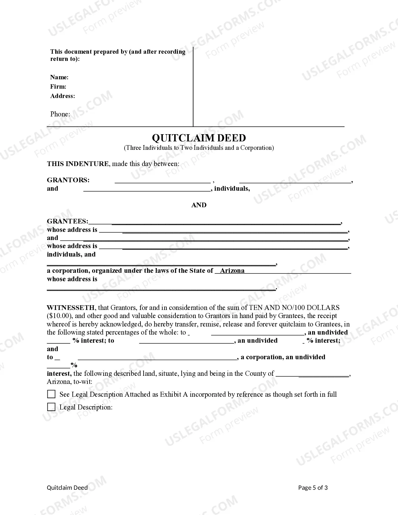 Preview Quitclaim deed from Three Individuals to Two Individuals and a Corporation.