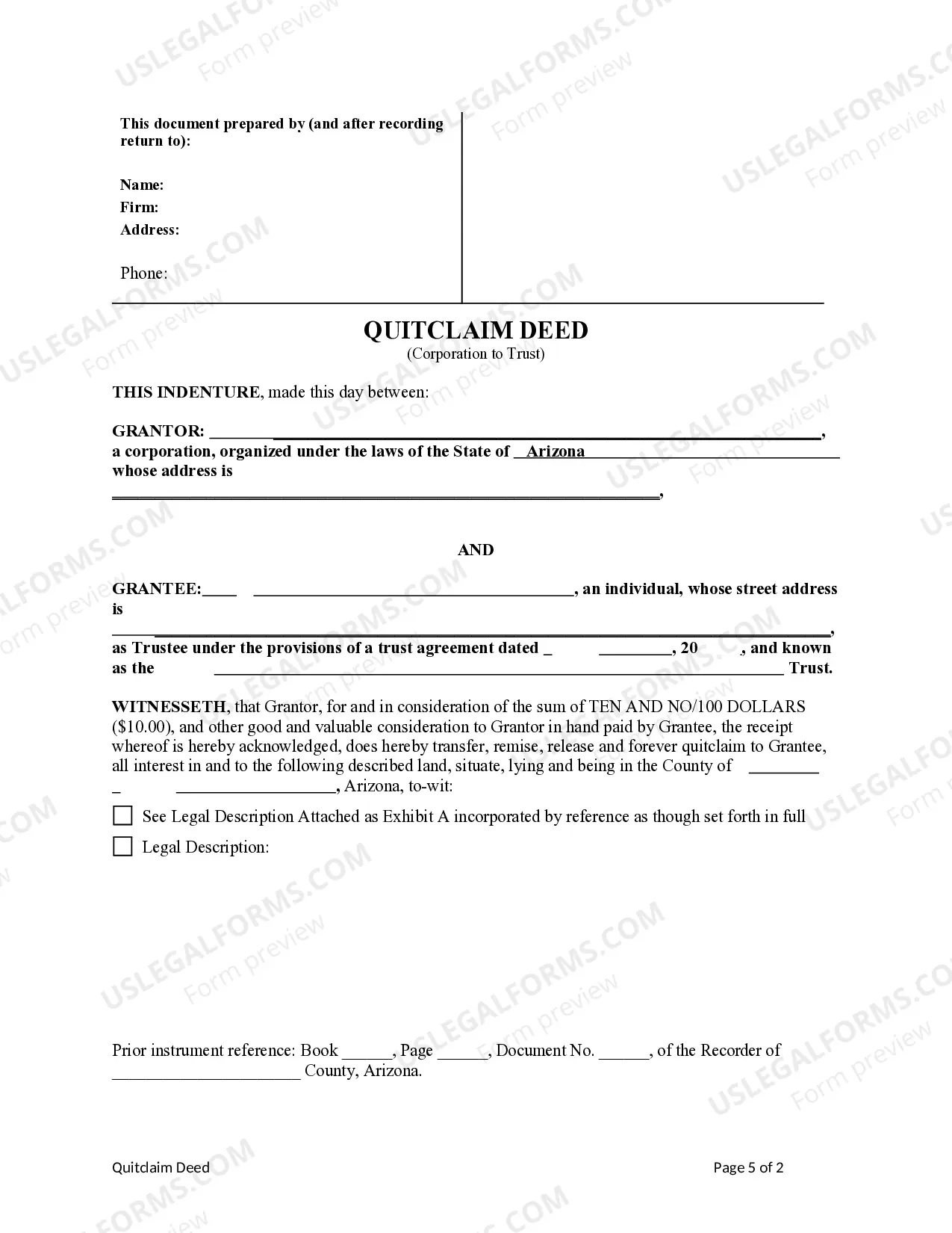 Preview Quitclaim Deed from Corporation to a Trust