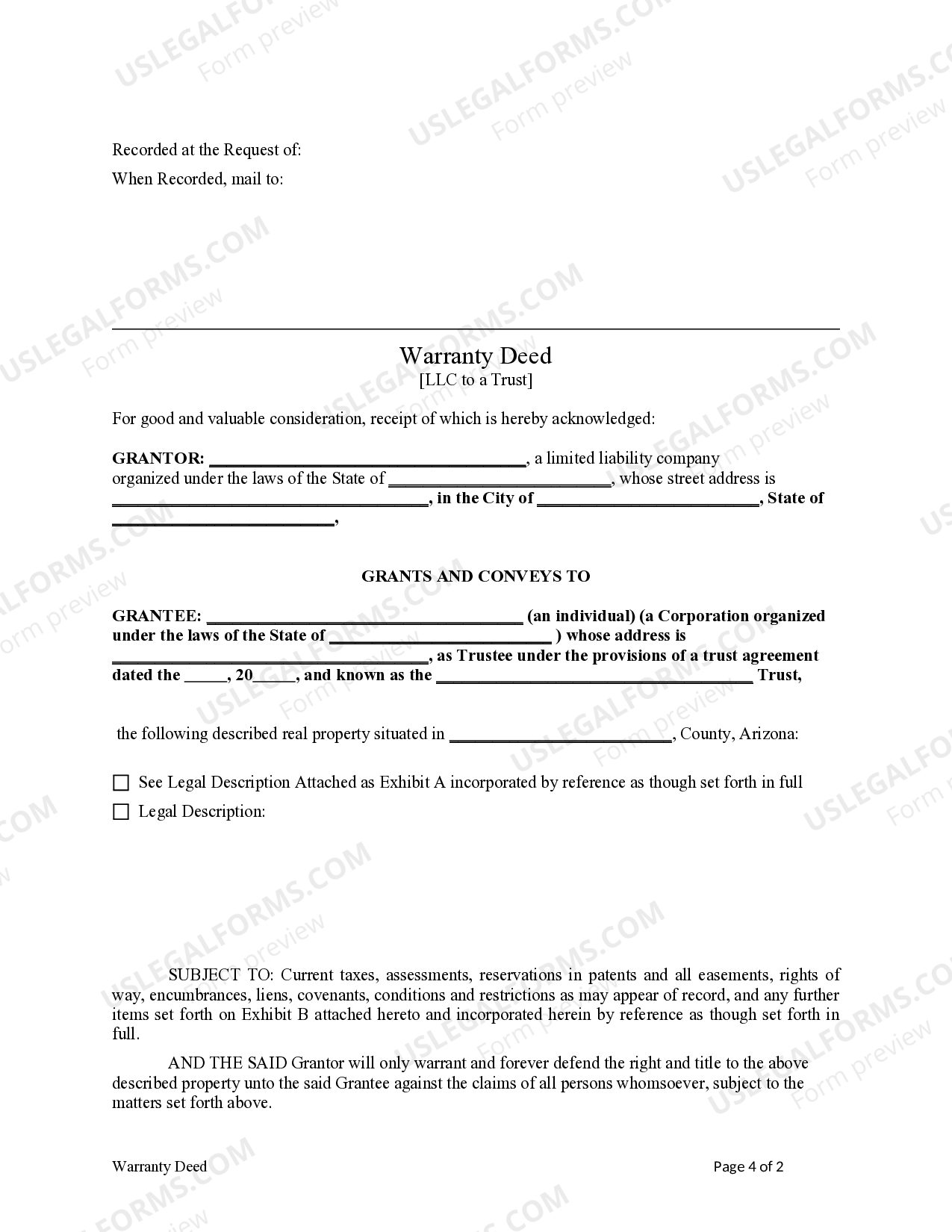Arizona Warranty Deed from a Limited Liability Company to a Trust US