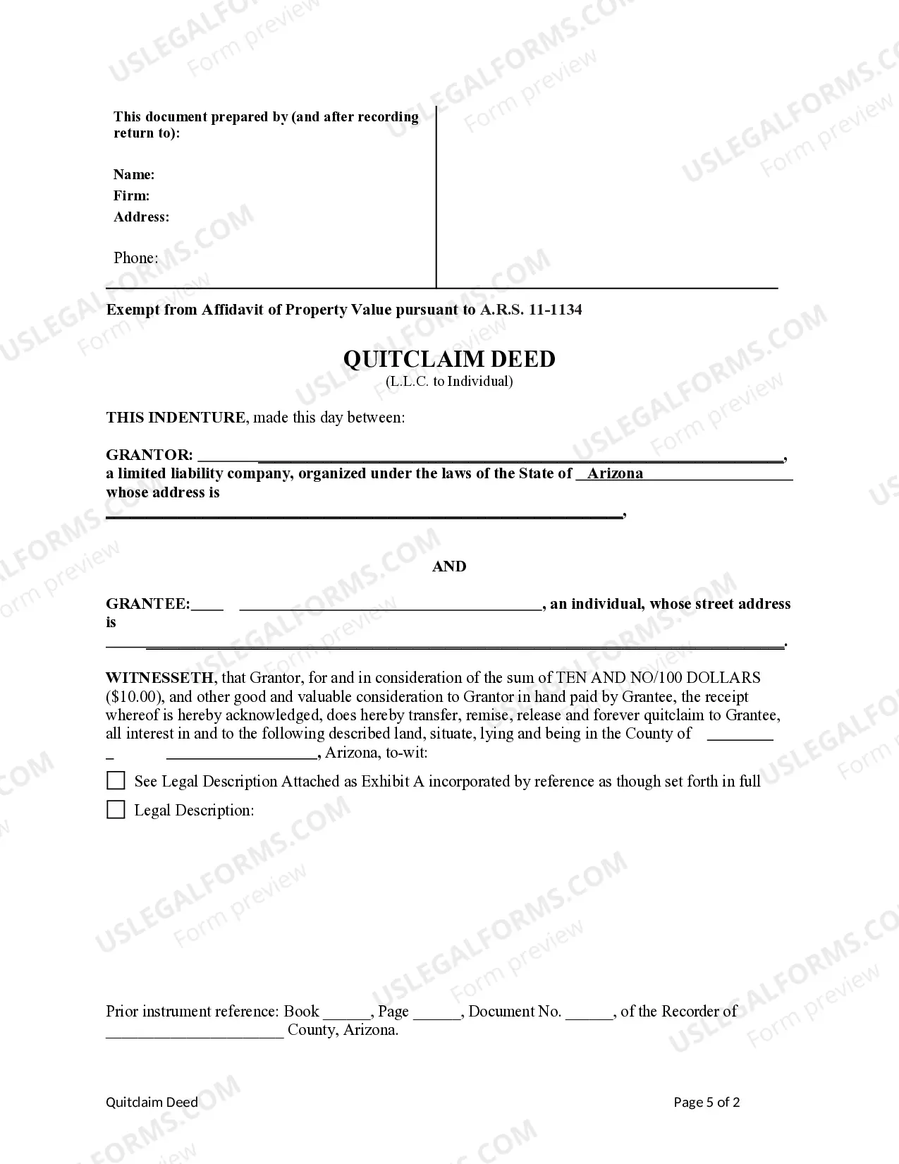 Preview Quitclaim Deed from a Limited Liability Company to an Individual