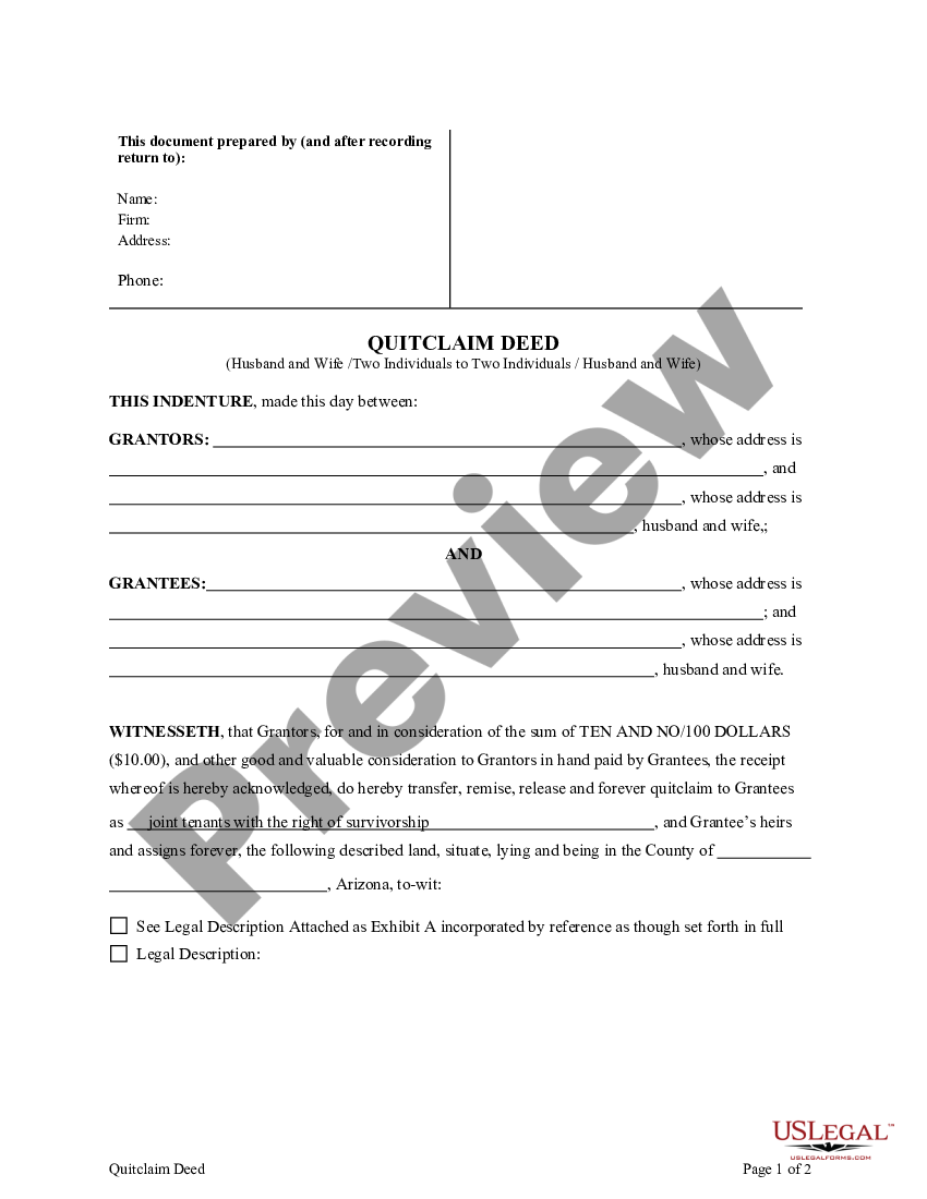 Pima Arizona Quitclaim Deed From Husband And Wife Or Two Individuals To Husband And Wife And 2694