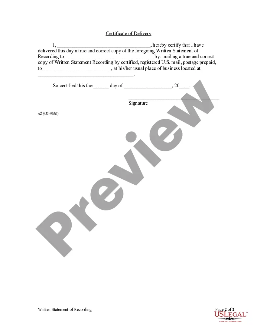 Preview Written Statement of Recording - Mechanic Liens - Corporation or LLC