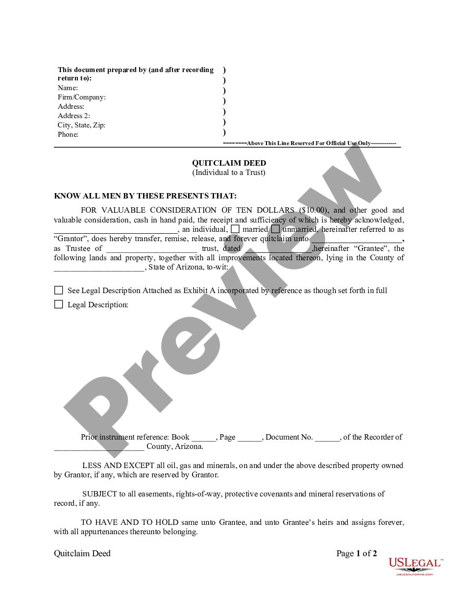 Arizona Quitclaim Deed From Individual To A Trust Quit Claim Deed Arizona Us Legal Forms 7631