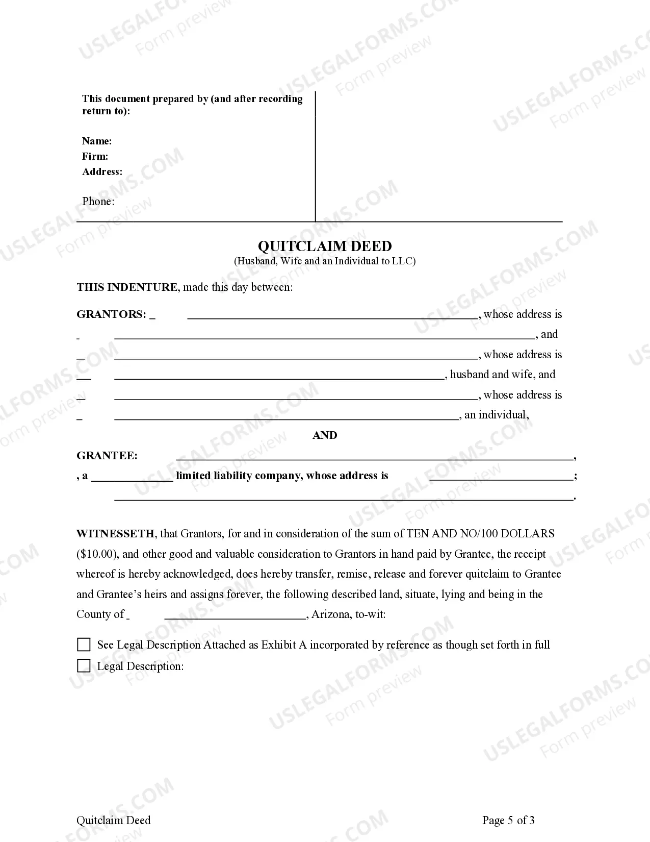 Preview Quitclaim Deed from Husband, Wife and an Individual to a LLC