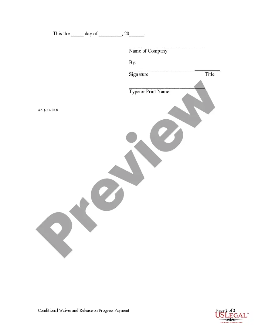 Preview Conditional Waiver and Release on Progress Payment - Mechanic Liens - Corporation or LLC