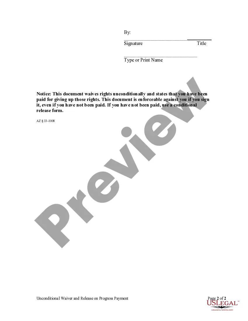 Preview Unconditional Waiver and Release on Progress Payment - Mechanic Liens - Corporation - LLC