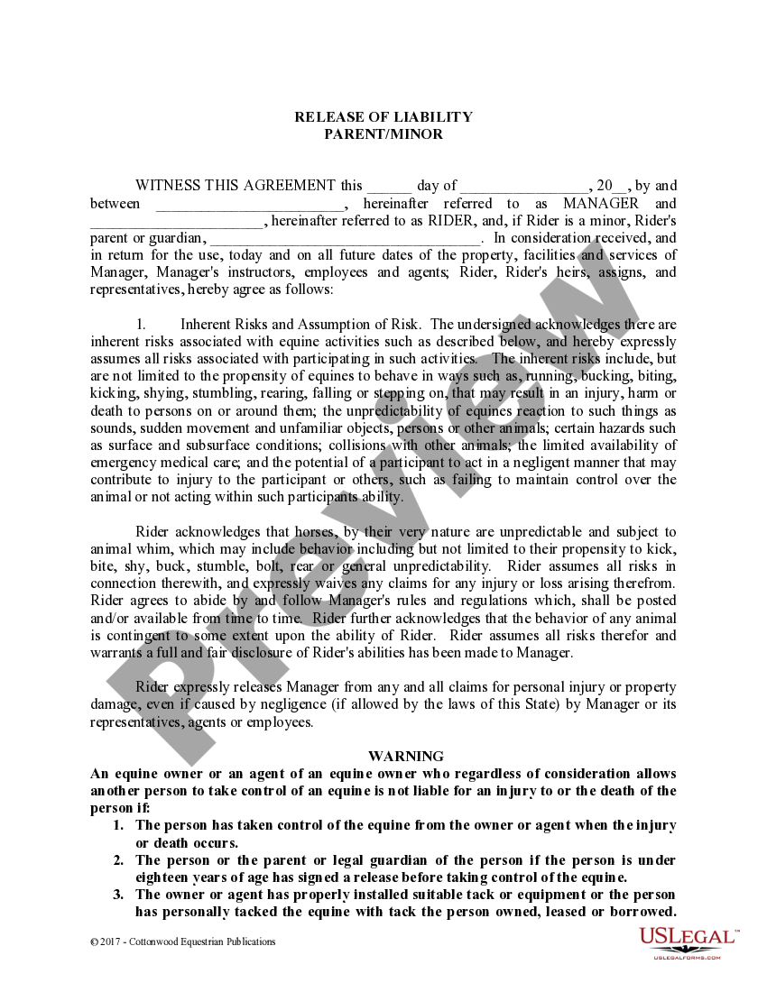 Arizona Release of Liability Parent Minor - Equine Release Of Liability ...
