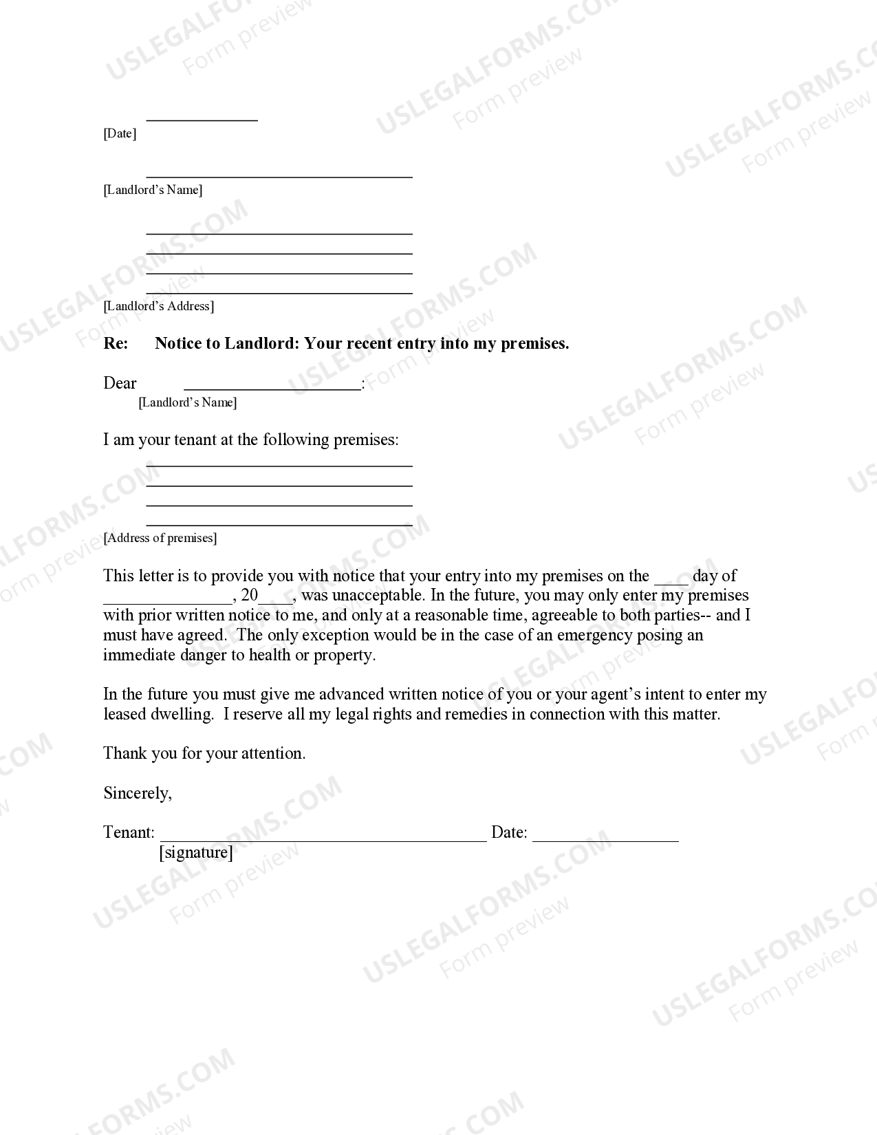 Arizona Letter from Tenant to Landlord about Illegal entry by landlord