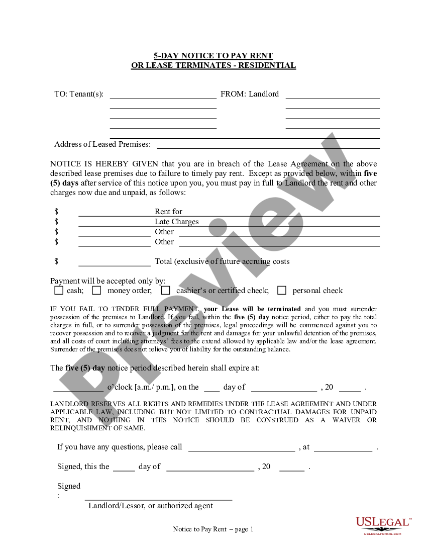 Pima Arizona 5 Day Notice To Pay Rent Or Lease Terminates 5 Day Eviction Notice Arizona Pdf 2396