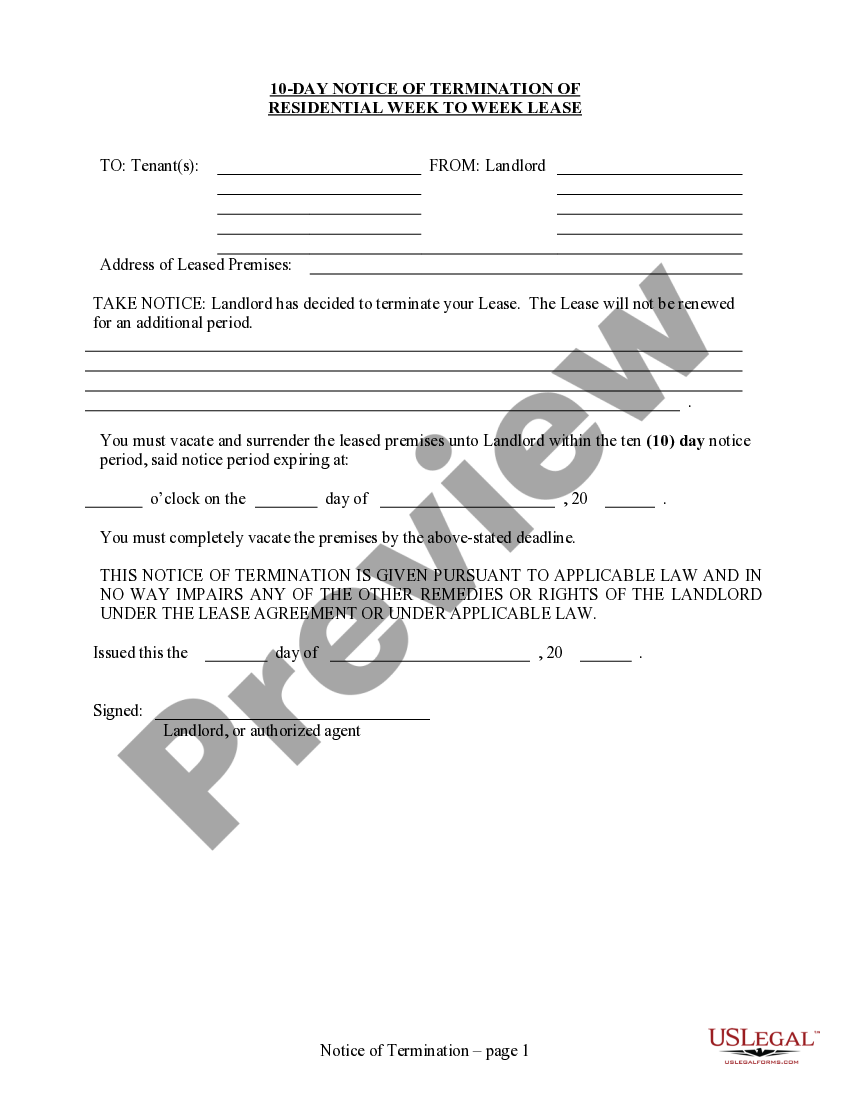 Arizona 10 Day Notice to Terminate Week to Week Lease for Residential