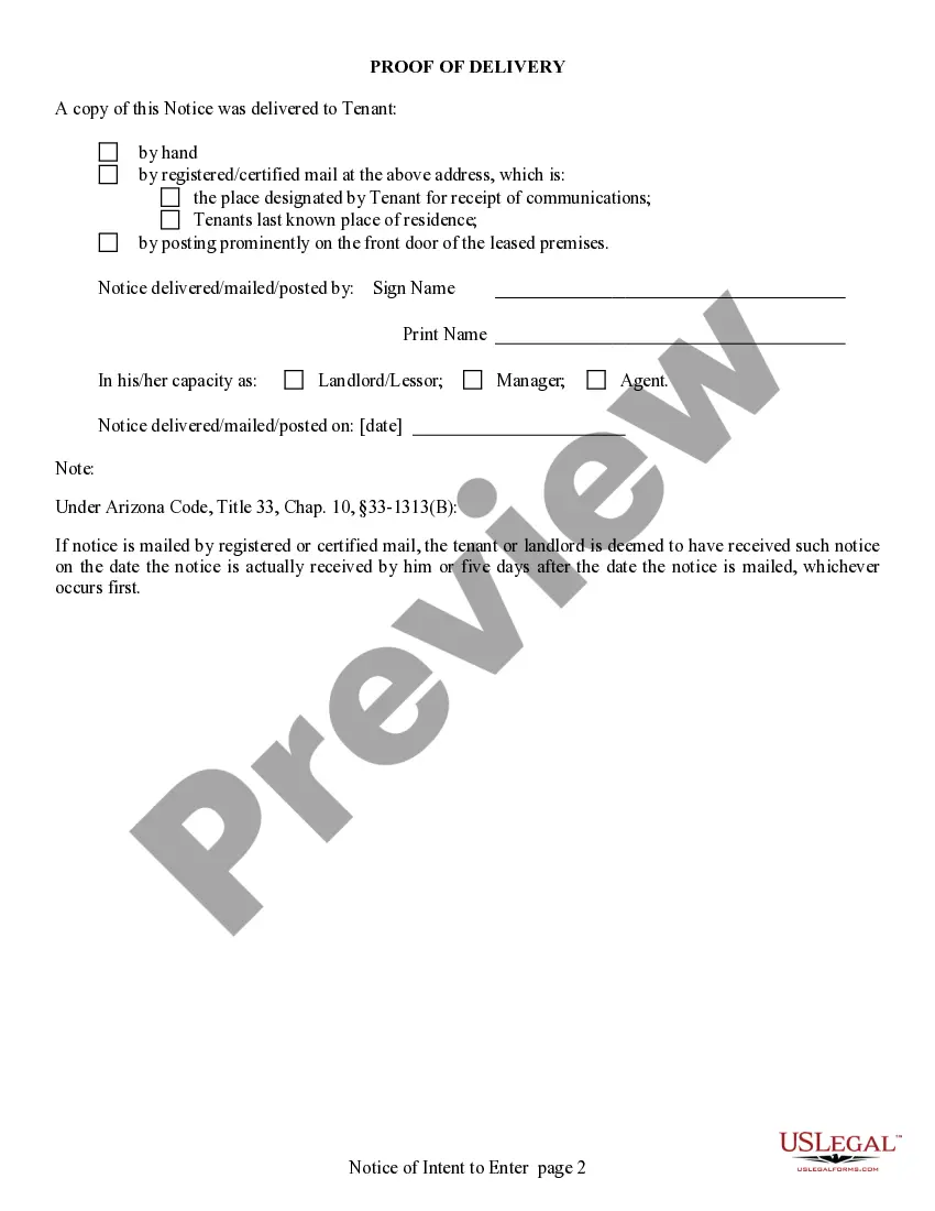 Preview 2 Day Notice of Landlord's Intent to Enter Premises for Residential from Landlord to Tenant