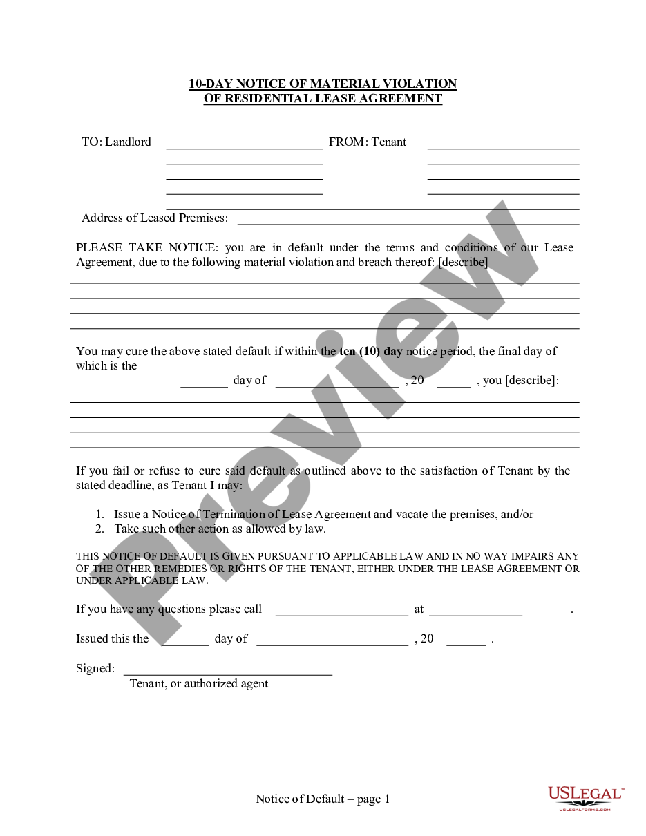 page 0 10 day Notice of Material Violation of Lease or Rental Agreement - Residential - 10 days to Cure from Tenant to Landlord preview