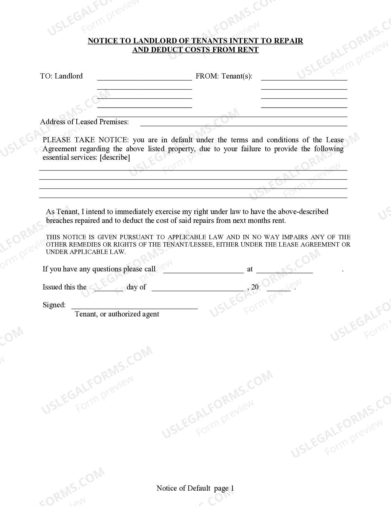 Gilbert Arizona Notice to Landlord of Intent to Repair and Deduct from