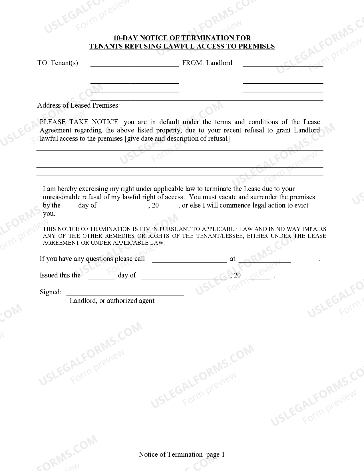 Tucson Arizona Notice Of Termination For Tenant s Refusing Lawful 