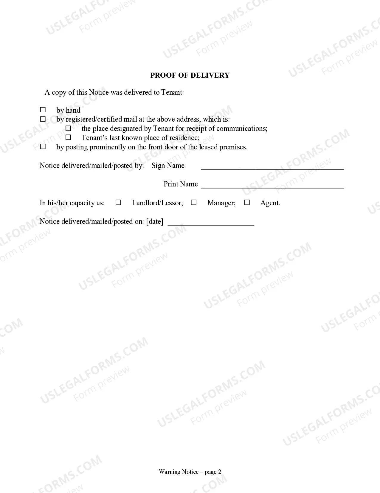 Preview Notice of Default in Payment of Rent as Warning Prior to Demand to Pay or Terminate for Residential Property