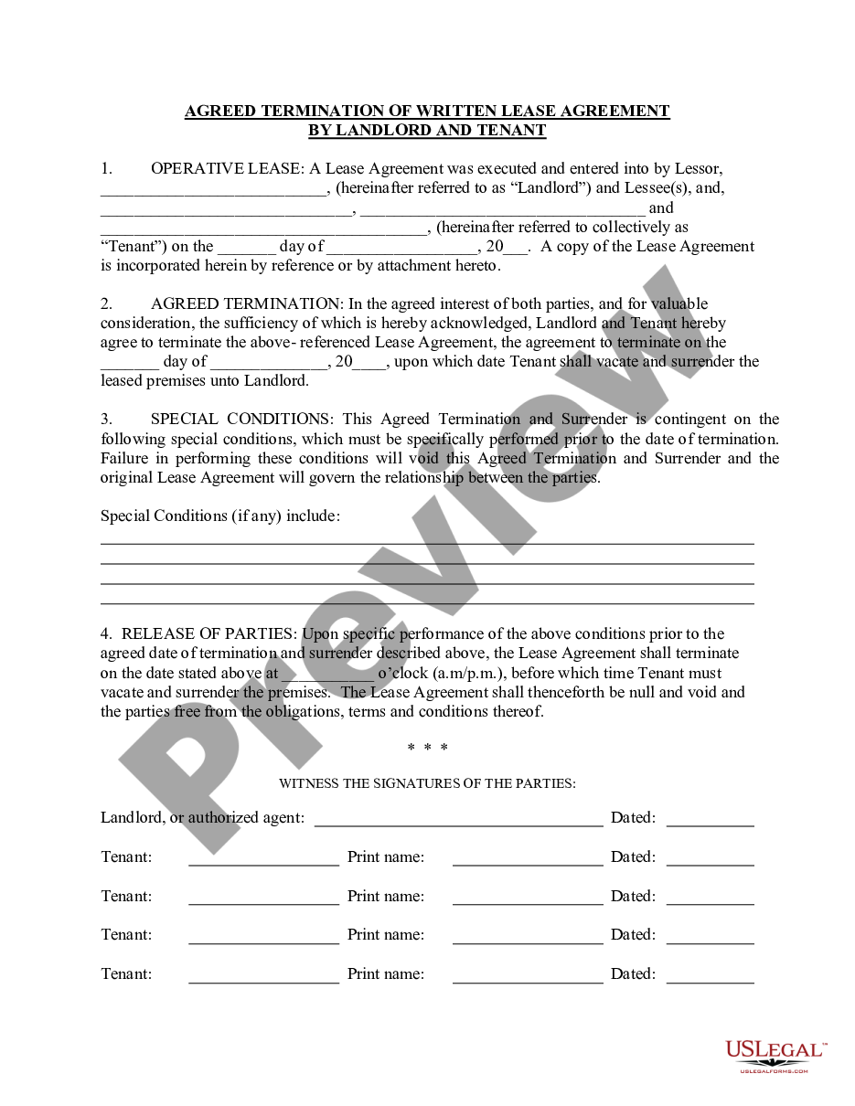 form Agreed Written Termination of Lease by Landlord and Tenant preview