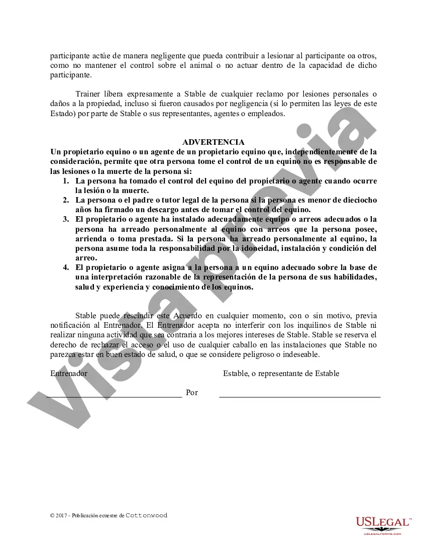 Preview Acuerdo de uso de las instalaciones del entrenador - Formularios equinos de caballos