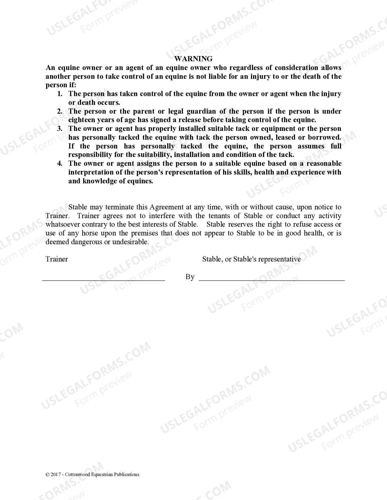 Preview Trainer's Facility Use Agreement - Horse Equine Forms