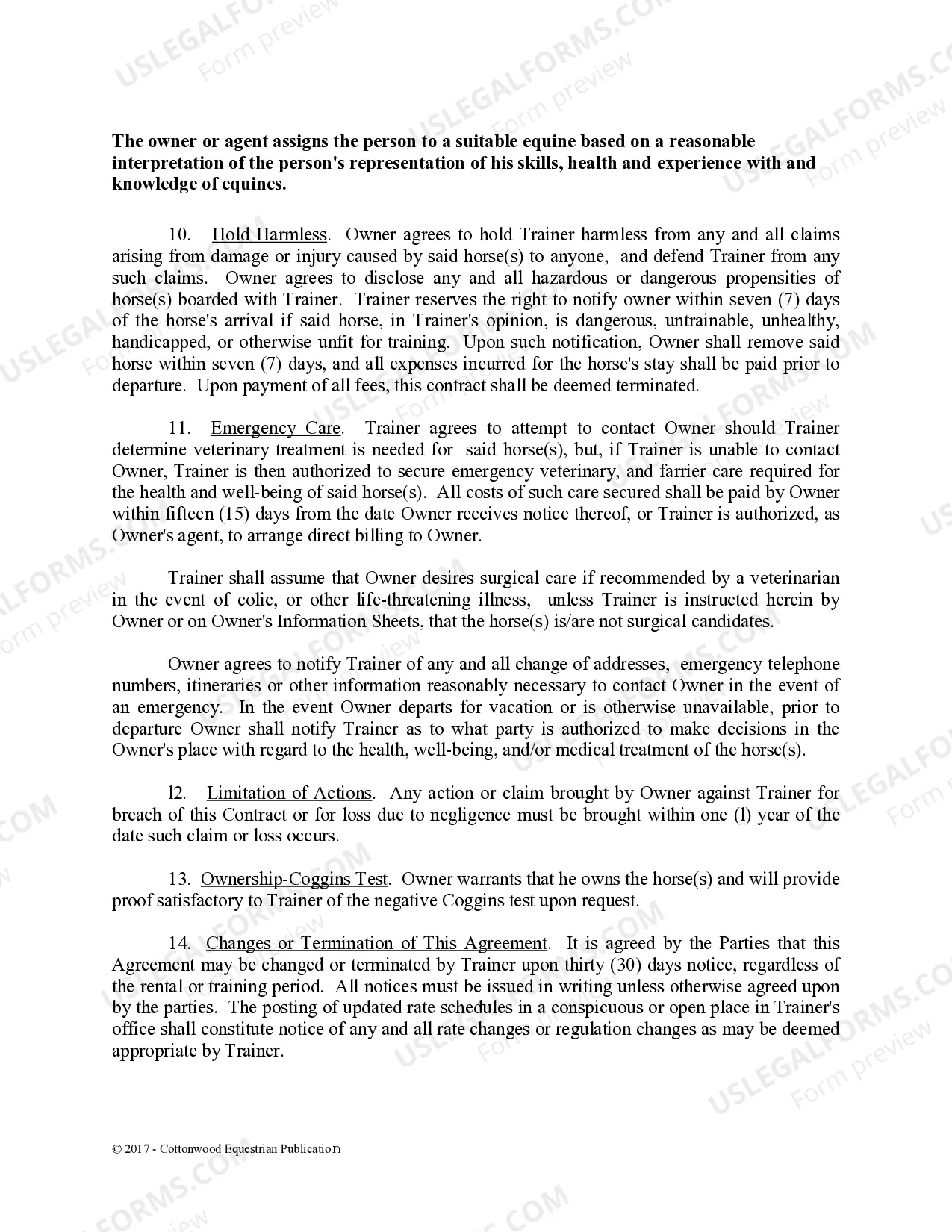 Preview Training Contract - Horse Equine Forms