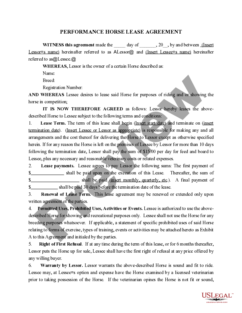Arizona Performance Horse Lease Agreement Horse Lease US Legal Forms