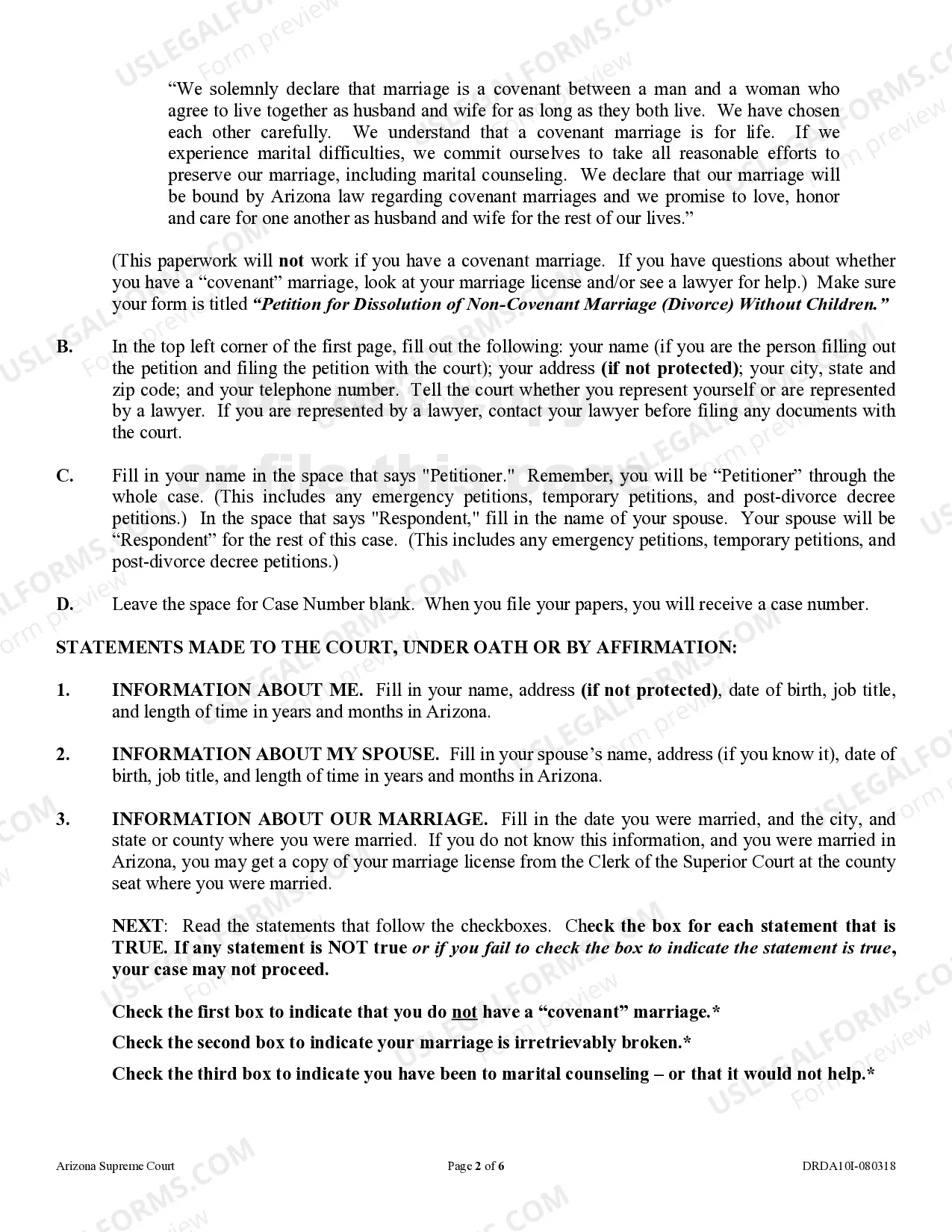 Preview Instructions - Petition for Dissolution of Marriage - Divorce - without Children
