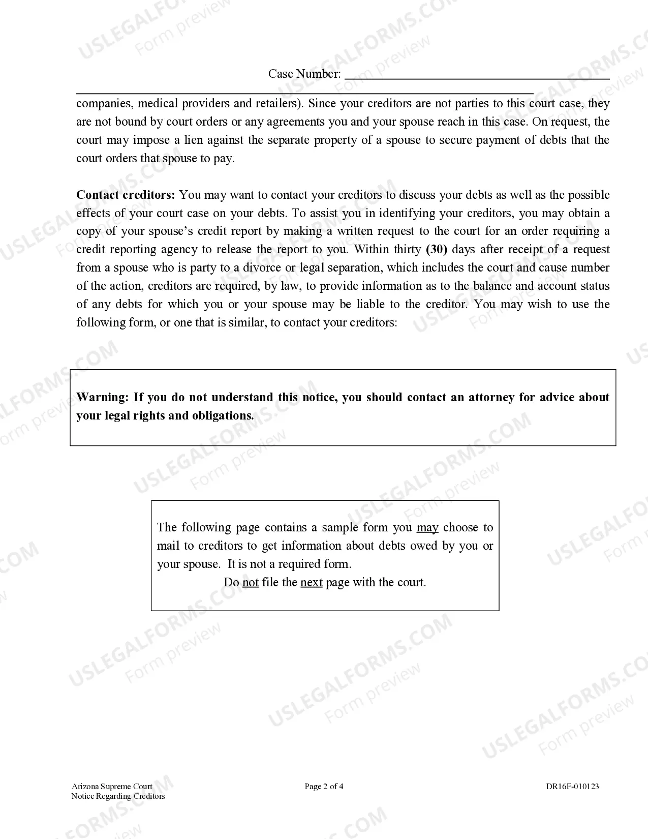 Preview Notice Regarding Creditors
