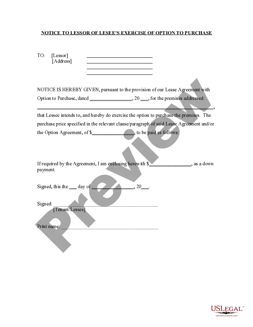Get Notice to Lessor Exercising Option to Purchase Preview Notice to Lessor Exercising Option to Purchase