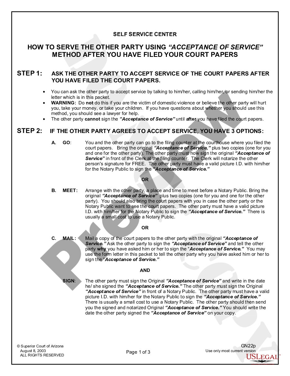 page 0 Instructions - Acceptance of Court Papers for Dissolution of Marriage preview