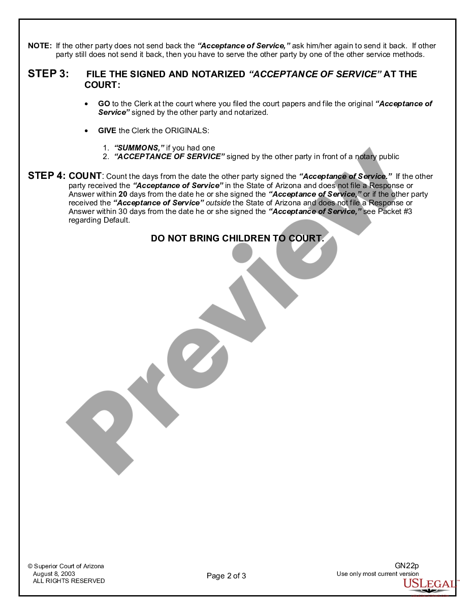 page 1 Instructions - Acceptance of Court Papers for Dissolution of Marriage preview