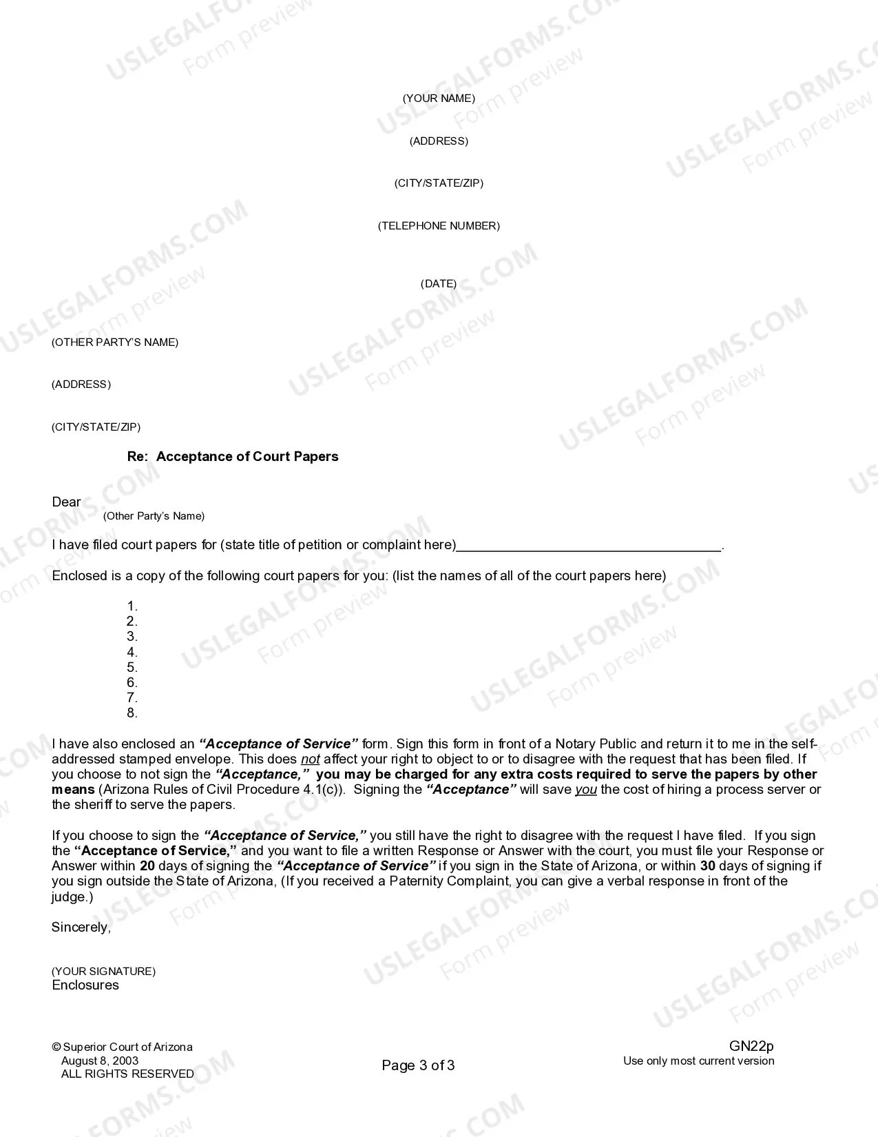 Preview Instructions - Acceptance of Court Papers for Dissolution of Marriage