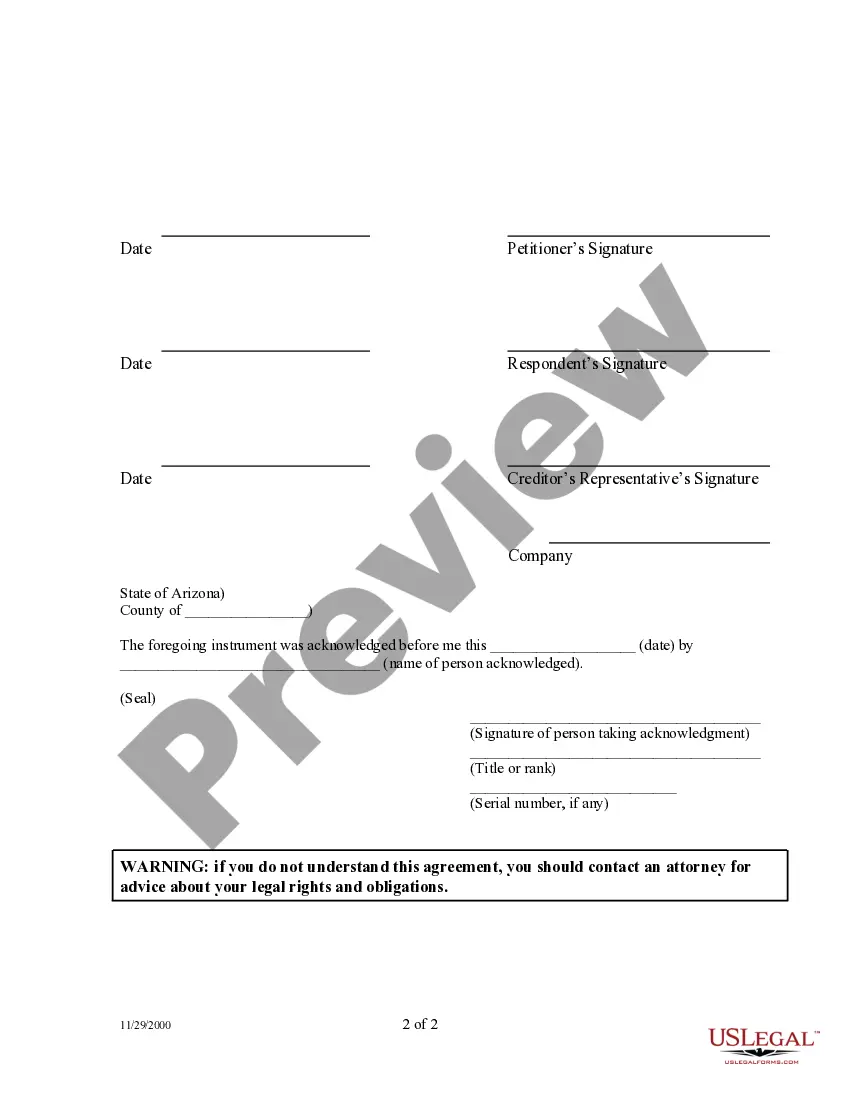 Preview Agreement with Creditor - Debt Not Related to Real Estate