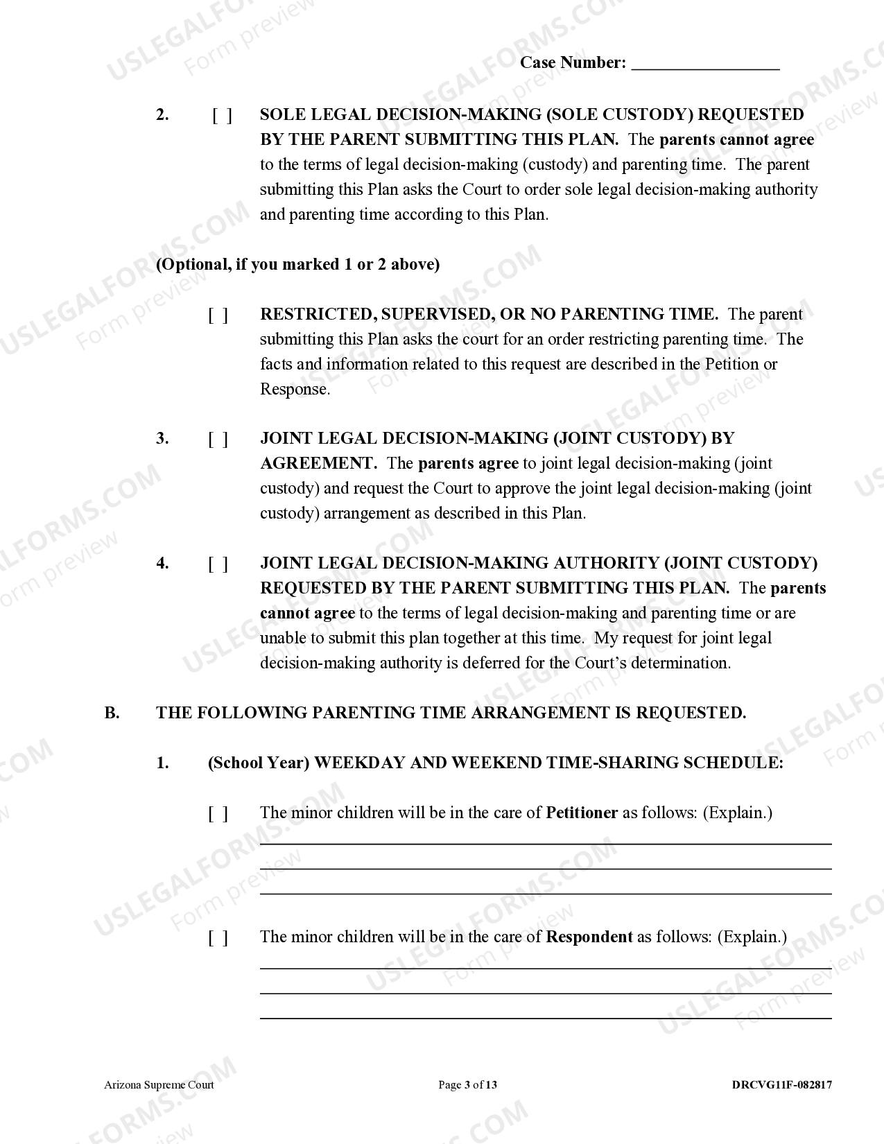 Arizona Parenting Plan Joint Custody or Sole Custody Sole Custody