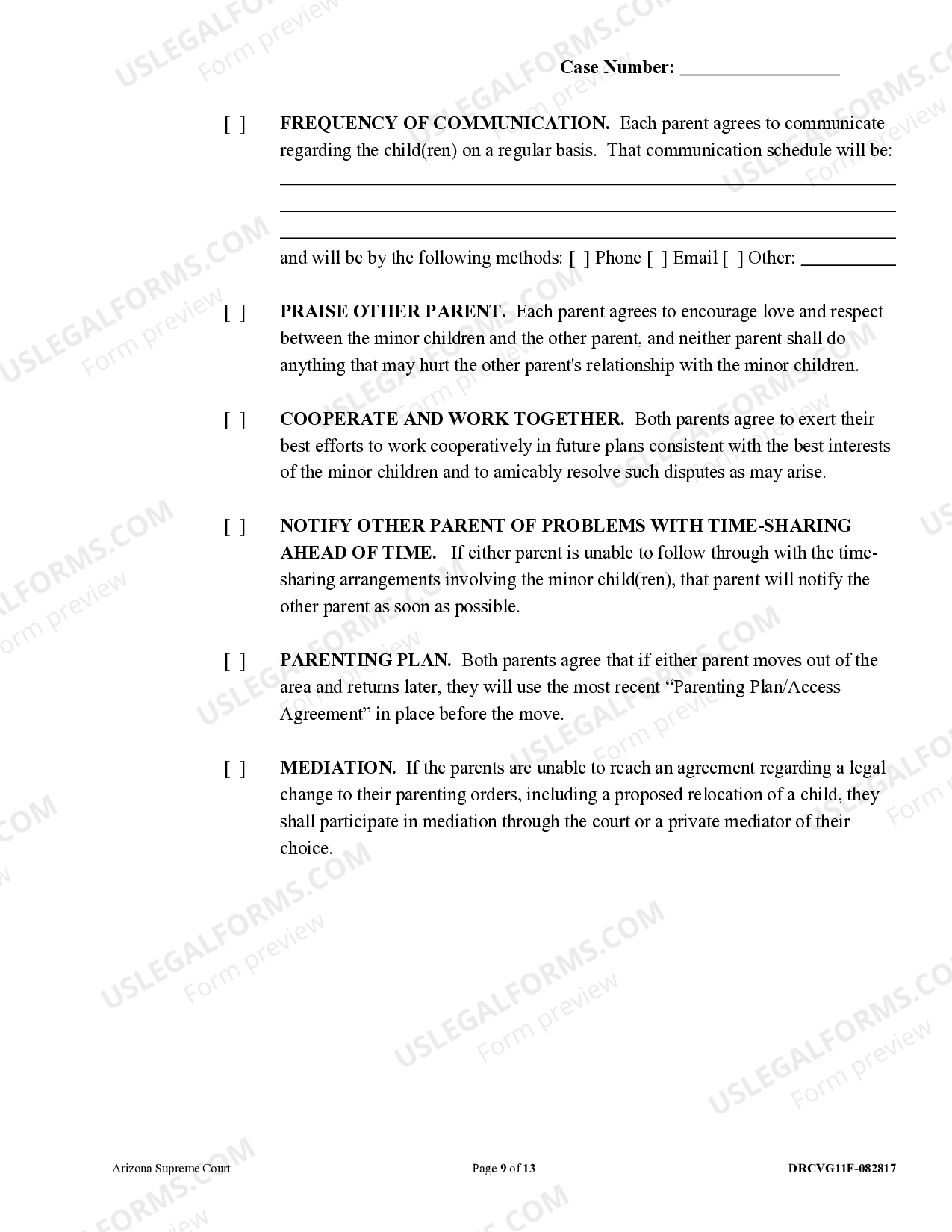 Arizona Parenting Plan Joint Custody or Sole Custody Sole Custody