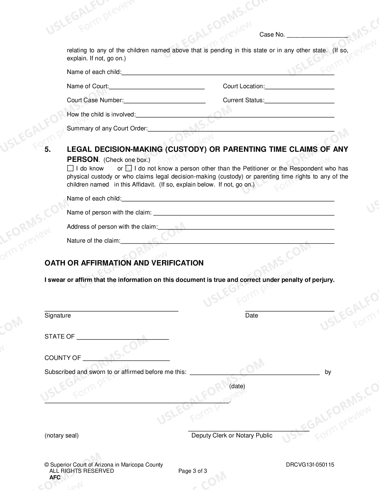 Preview Affidavit Regarding Minor Children
