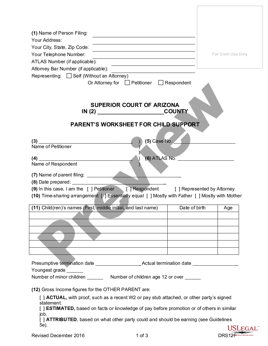 page 0 Parents' Worksheet for Child Support Amount preview