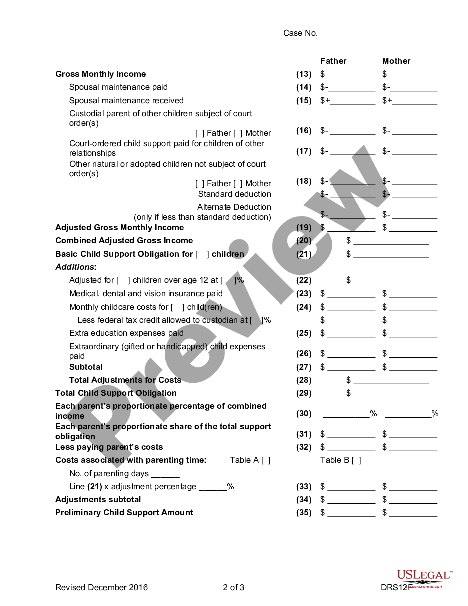 page 1 Parents' Worksheet for Child Support Amount preview