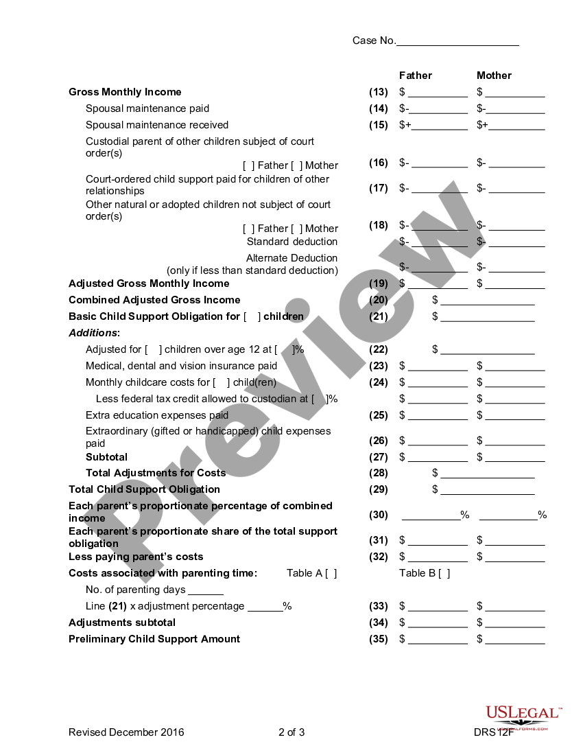 Parents Worksheet For Child Support Form 12 902(e) US Legal Forms